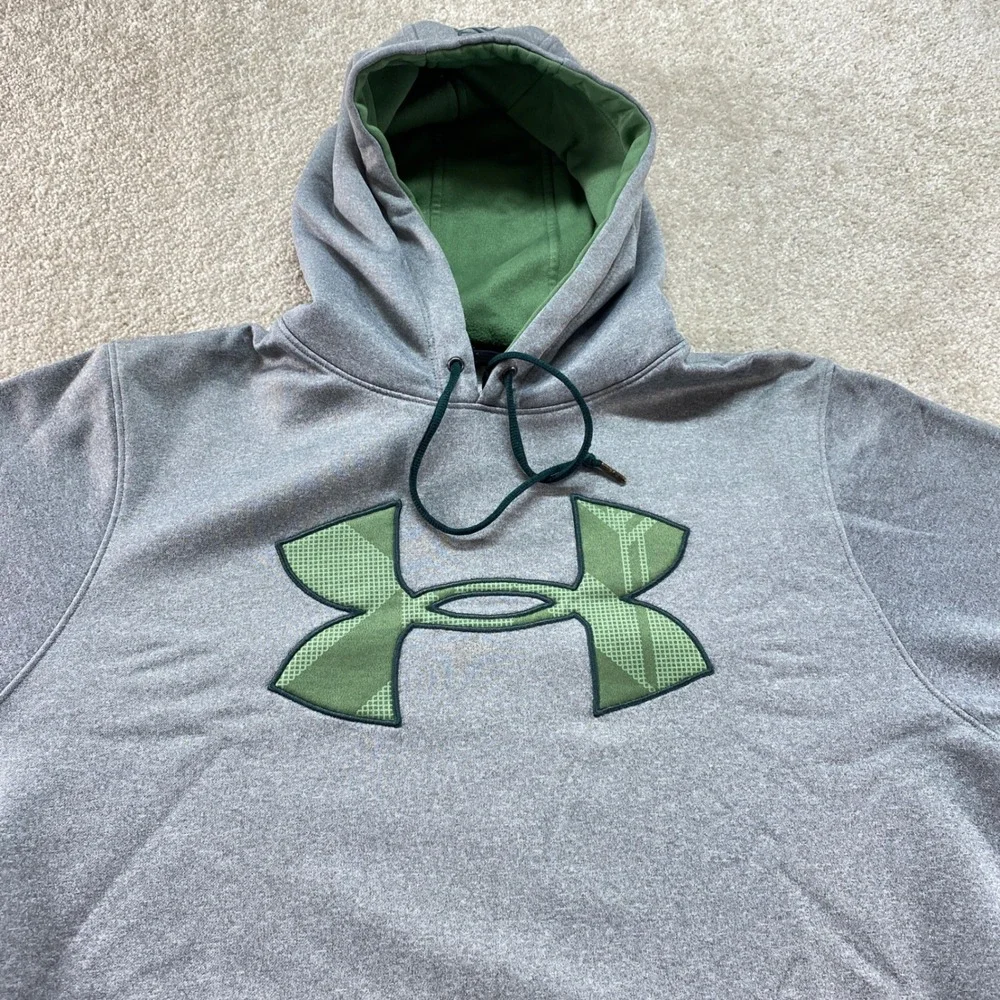 Under Armour Hoodie Mens Medium Gray Green Logo Pullover‎ Fleece Sweatshirt